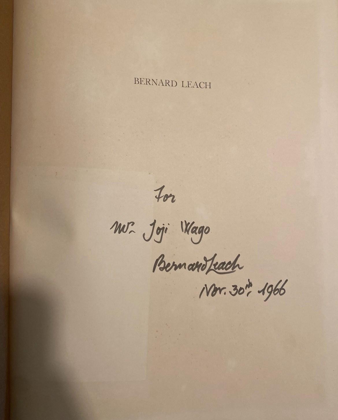 A book title page inscribed by hand: For Mr. Joji Wago, Bernard Leach, Nov. 30th 1966.