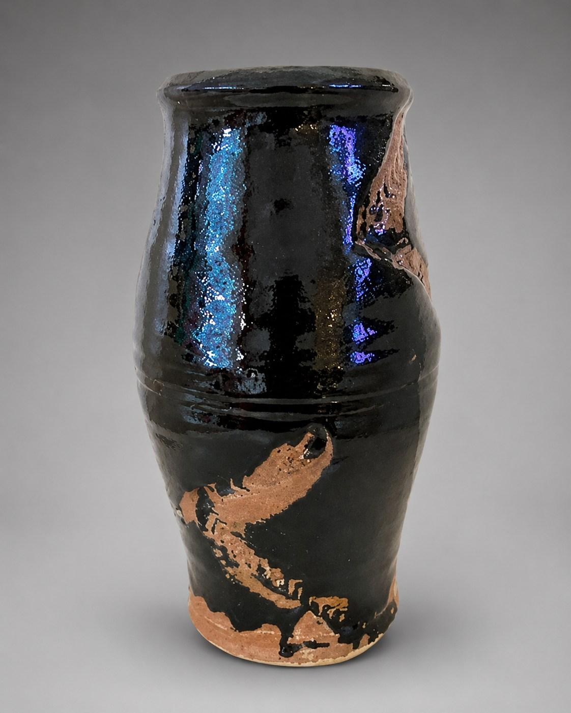 Hamada Shoji — Vase, finger-wiped. A Cylindrical Stoneware Vase with Finger-wiped Pattern, Japanese stoneware, Showa period, 20th century.