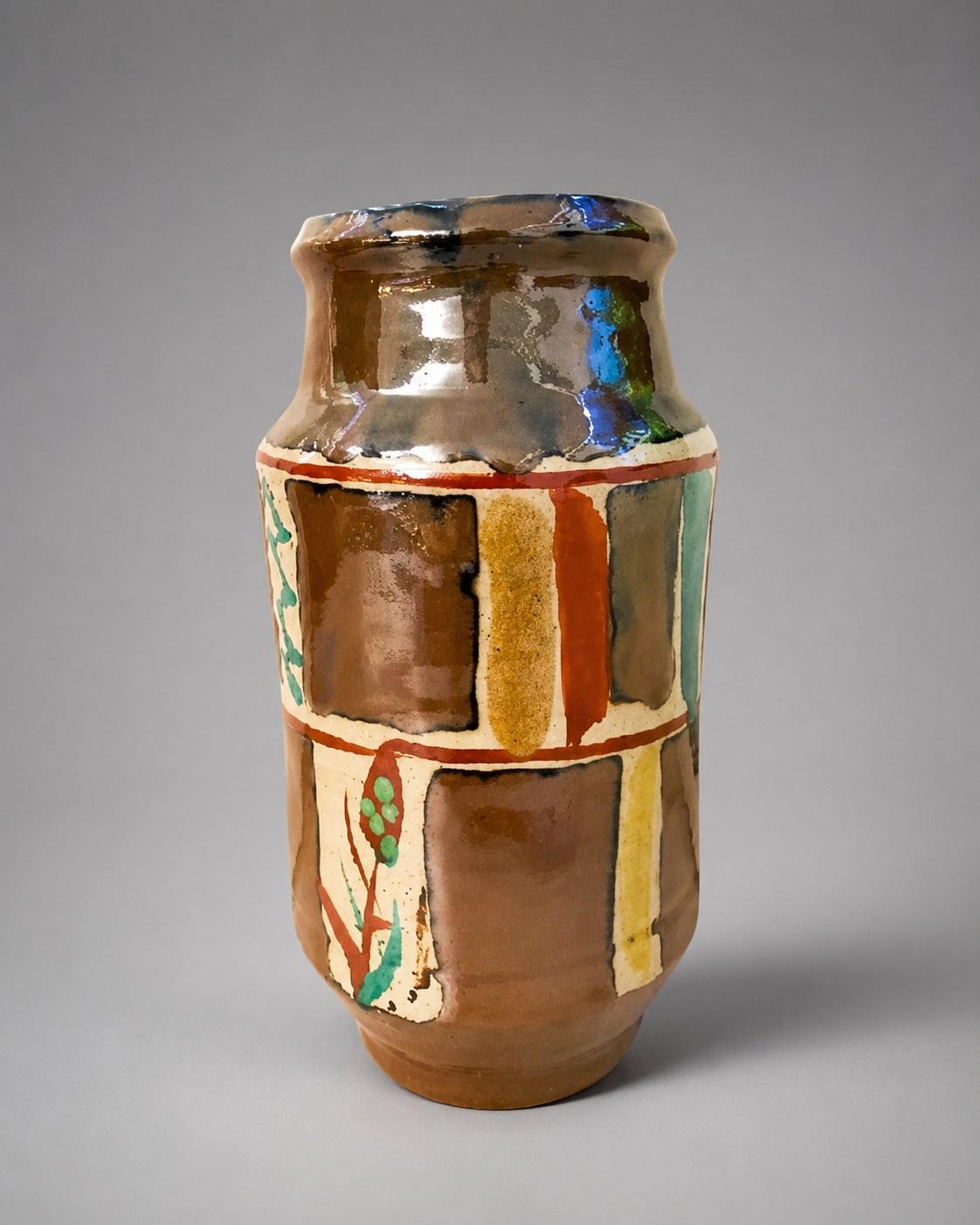 Hamada Shoji — Vase, sugar cane, wax resist. A Cylindrical Stoneware Vase with Red and Green Glaze Sugar Cane Motif, Japanese stoneware, Showa period, 20th century.