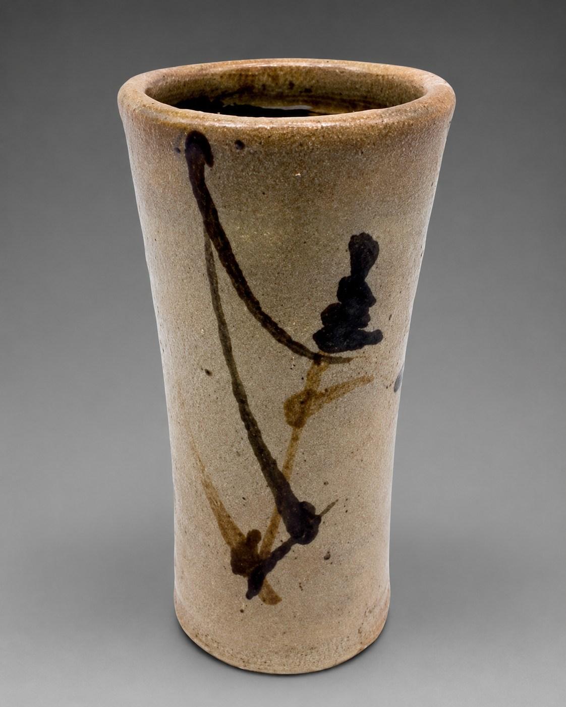 Hamada Shoji — Vase, sugar cane. A Cylindrical Stoneware Vase with Sugar Cane Motif, Japanese stoneware, Showa period, 20th century.
