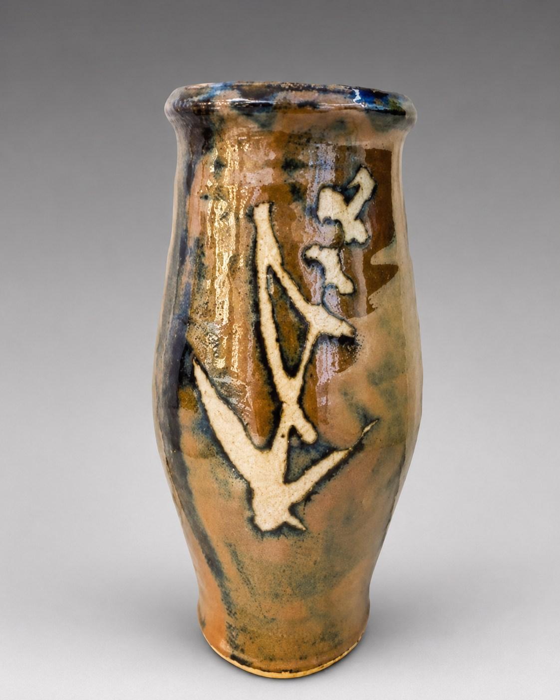 Hamada Shoji — Vase, sugar cane, wax resist. A Cylindrical Stoneware Vase with Sugar Cane Motif in Wax Resist, Japanese stoneware, Showa period, 20th century.