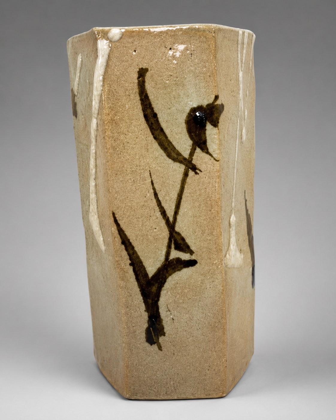 Hamada Shoji — Vase, sugar cane, poured glaze. A Hexagonal Stoneware Vase with Sugar Cane Motif and Poured Glaze, Japanese stoneware, Showa period, 20th century.