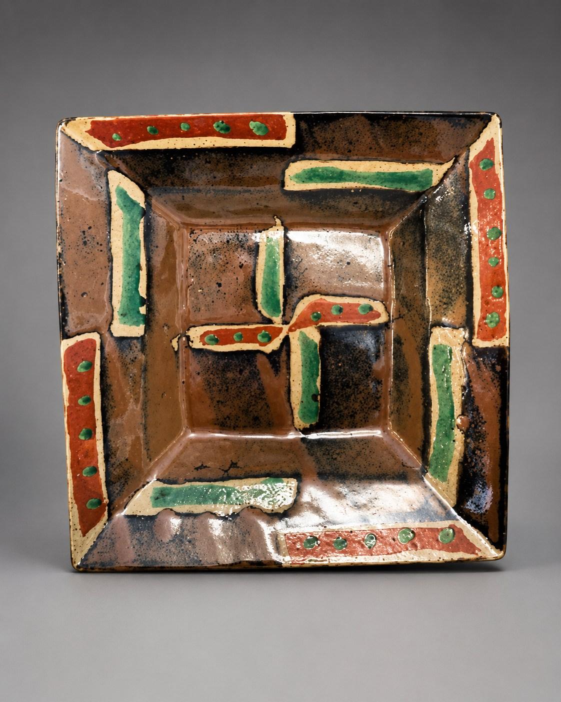Hamada Shoji — Dish, wax resist. A Large Stoneware Square Dish with Iron Rust Glaze over Wax Resist, Japanese stoneware, Showa period, 20th century.