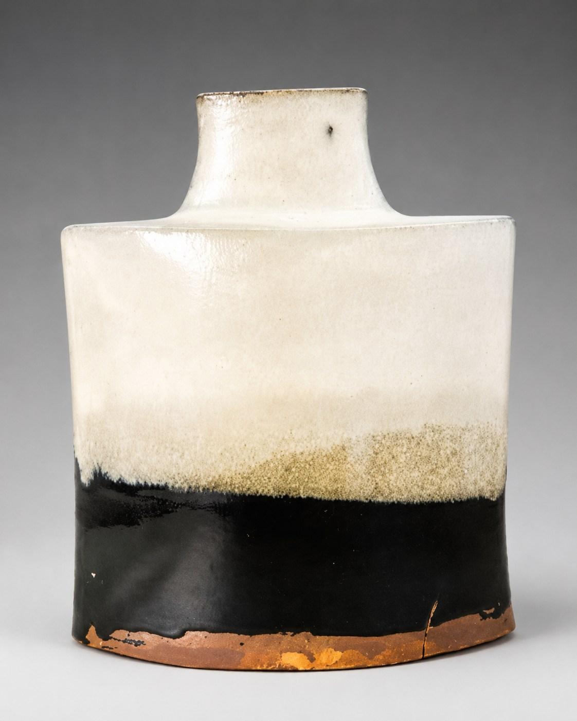 Hamada Shoji — Vase, poured glaze. A Square Stoneware Bottle Vase, Japanese stoneware, Showa period, 20th century.