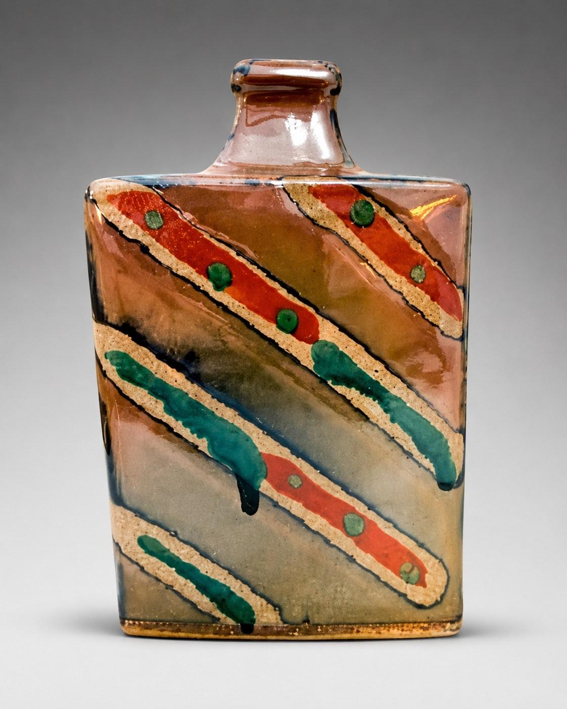 Hamada Shoji — Vase, wax resist. A Square Stoneware Bottle Vase with Diagonal Wax Resist Pattern, Japanese stoneware, Showa period, 20th century.