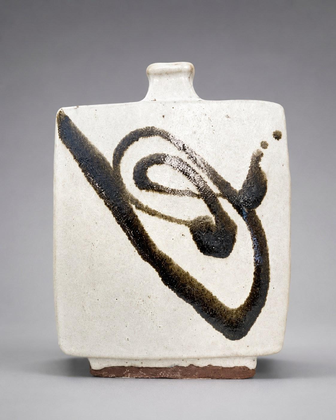 Hamada Shoji — Vase. A Square Stoneware Bottle Vase with Trailed Abstract Design, Japanese stoneware, Showa period, 20th century.