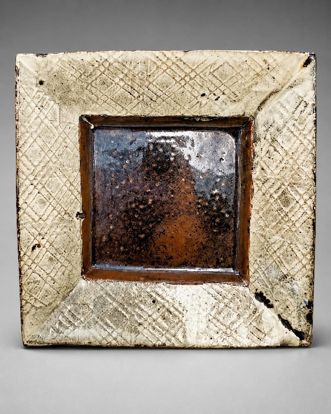 Hamada Shoji — Dish. A Square Stoneware Dish with Raised Cross Pattern, Japanese stoneware, Showa period, 20th century.