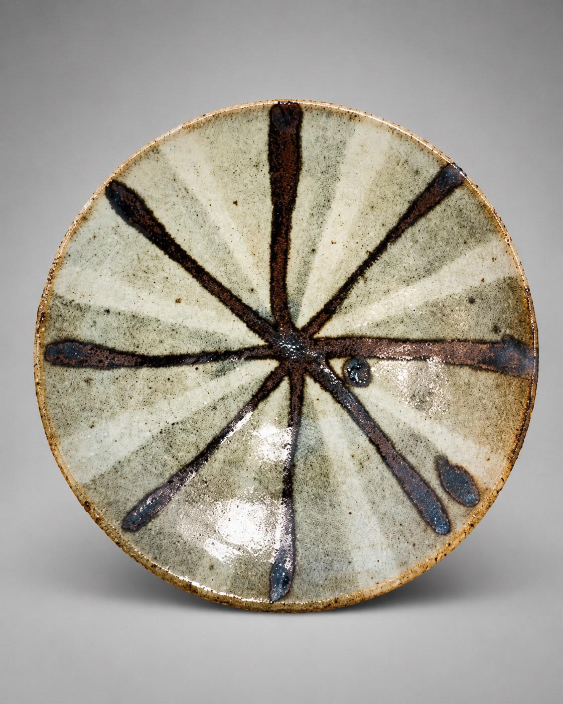 Hamada Shoji — Dish, radial brushwork. A Stoneware Dish with Radial Brushstroke Design, Japanese stoneware, Showa period, 20th century.