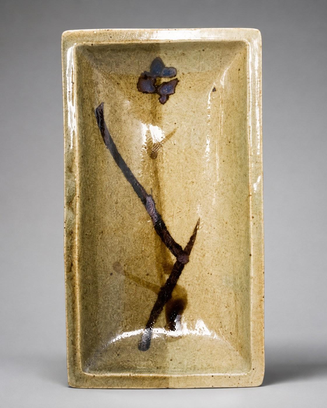 Hamada Shoji — Dish, sugar cane. A Stoneware Rectangular Dish with Sugar Cane Motif, Japanese stoneware, Showa period, 20th century.