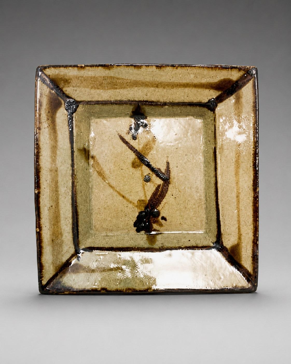 Hamada Shoji — Dish, sugar cane. A Stoneware Square Dish with Sugar Cane Motif, Japanese stoneware, Showa period, 20th century.